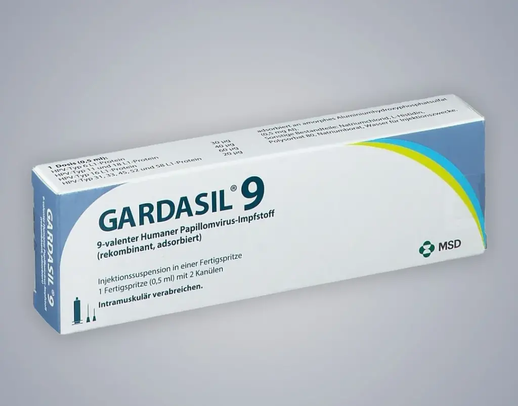 Das Bild zeigt die Verpackung der HPV Impfung „Gardasil 9“.